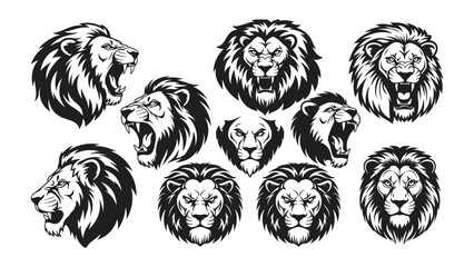 Majestic Lion Heads Vector Illustration: A collection of vector illustrations showcases various artistic interpretations of a lion head.