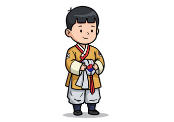 A cheerful young boy in traditional Korean attire proudly holds a Korean flag. Vibrant colors and a simple, appealing illustration style. Perfect for educational or cultural themes.