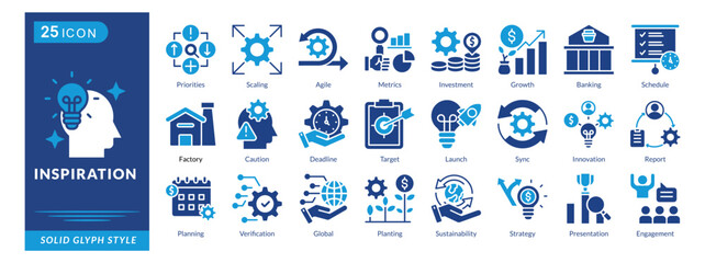 inspiration icon set collection in solid glyph style. an icon pack contain innovation, report, planning, verification, global, planting, sustainability, strategy, presentation, engagement