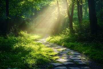 Obraz premium Sunlight streams through lush green forest illuminating a stone path ahead