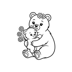 Obraz premium Tender Embrace Mother Bear and Cub with Flowers