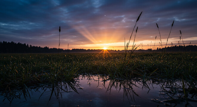 Sunrise over field with water reflections and tall grass against a cloudy blue and orange sky