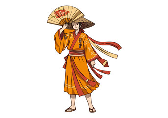 serene Japanese woman dances with a fan evoking a gentle breeze Dressed in traditional attire she embodies grace and tranquility against a warm orange backdrop Ideal for lifestyle and cultural themes