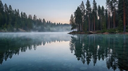 Serene lake with reflections of pine trees, morning mist, blue hour, tranquil background for design