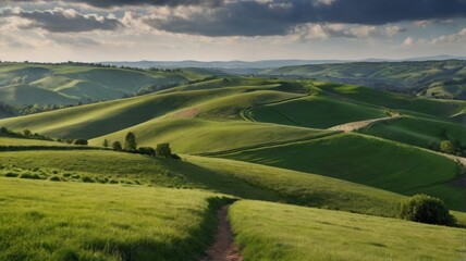 Obraz premium Rolling green hills under cloudy skies, distant path, peaceful countryside scenery, background for storytelling