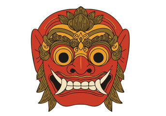 striking Javanese Lion Mask Reog style rendered in bold red and gold This detailed illustration is perfect for cultural decorative or design projects Clean composition and vibrant colors