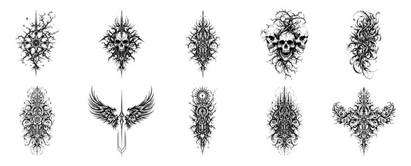 Gothic Tribal Tattoo Design Vector Illustration Set