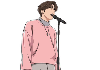 stylish  man sings into a microphone showcasing a vibrant modern aesthetic Bold pink background emphasizes the artist's confident performance Perfect for music lifestyle and promotional content