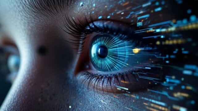 A human eye with a futuristic vision system observes source program code. Concepts of computer hacking and piracy, control, and protection. 4k video