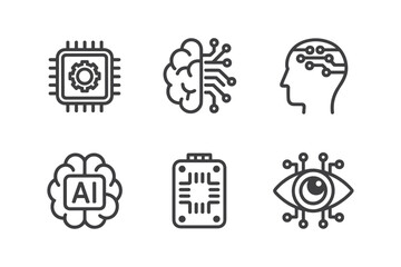 AI Technology Icons Machine Learning, Brain and Processor Vector Set