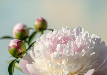 Fototapeta premium Delicate pink peony in bloom, with unopened buds, bathed in soft light.