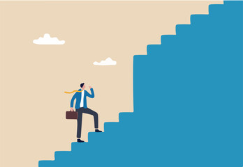 Challenge to overcome difficulty, obstacle or business problem, think of solution to get pass obstacle to success, failure or trouble concept, businessman walk up stair to find huge difficult step.