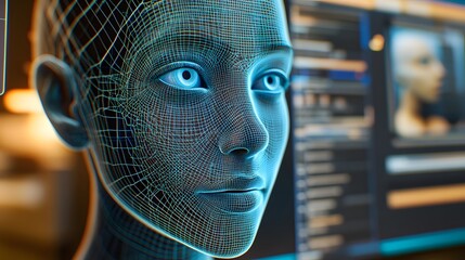 Artificial intelligence face wireframe rendering for futuristic technology concept design project