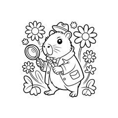 Fototapeta premium Adorable Scientist Hamster with Magnifying Glass and Flowers - Cute Cartoon Illustration