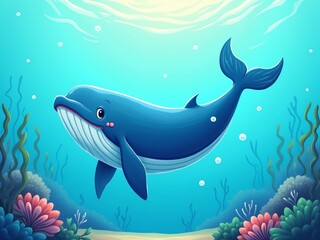 Obraz premium Swimming whale, cartoon sea and ocean animal