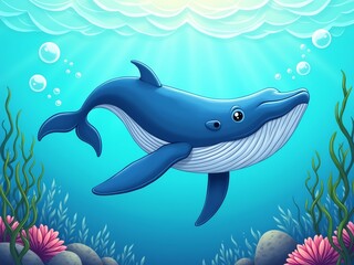 Obraz premium Swimming whale, cartoon sea and ocean animal