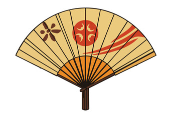stylized fan illustration with Japanese motifs featuring a vibrant sun and flowing ribbons Warm orange background evokes a breezy festival atmosphere Ideal for seasonal or cultural themes