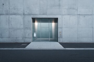 Modern glass door in concrete building exterior, urban setting, possibly entrance to gallery or office