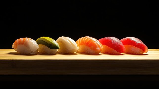 Colorful Sushi Selection on Bamboo Board with Black Background