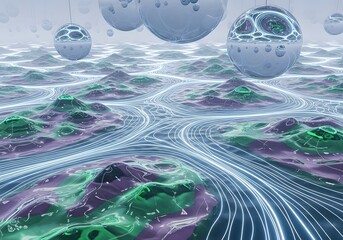 Abstract landscape with green and purple hills, illuminated pathways, and floating geometric orbs.