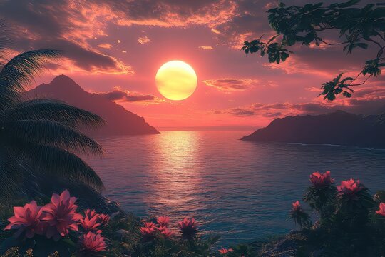 A serene view of a distant exoplanet with lush greenery and oceans, set against a colorful sunset