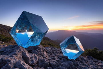 Spectacular Crystalline Structures on Mountain Peak at Sunset Reflecting Sky and Landscape in Geometric Art