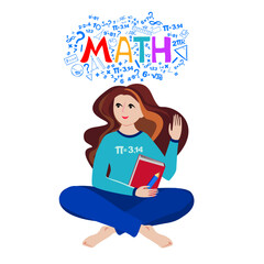 Math. Horizontal banner. Presentation, website. Isolated lettering typography idea with icons. Algebra, geometry, statistics, basic maths. Interesting creative funny math for kids. Vector illustration