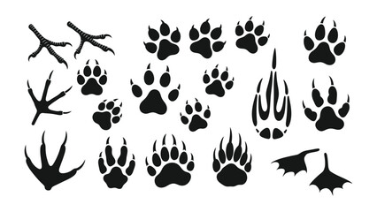 Animal Tracks Silhouette: A collection of assorted animal track silhouettes, perfect for design projects. Capturing various paw prints and claw marks in a simple, clear style.