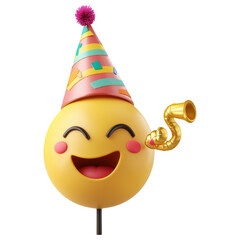 Cheerful Emoji Celebration: A vibrant 3D rendering of a joyful emoji wearing a festive party hat and tooting a horn, radiating happiness and celebration.
