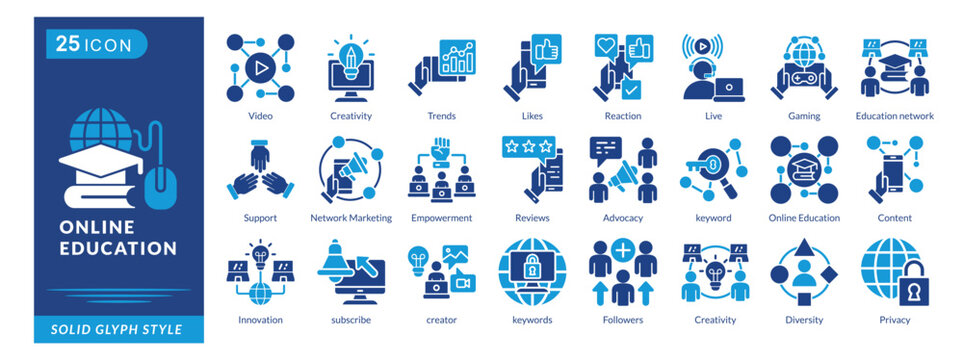 online education icon set collection in solid glyph style. an icon pack contain content, innovation, subscribe, creator, keywords, followers, diversity, privacy, video, creativity, trends