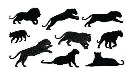 Silhouetted Big Cats: An artistic collection of black silhouette forms representing majestic wild cats in various dynamic poses, evoking power, grace, and raw wilderness.