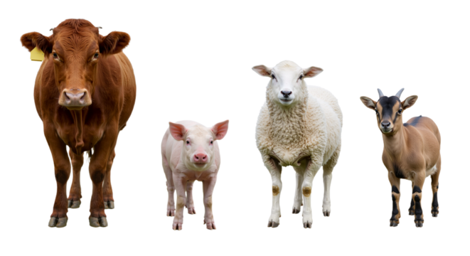 A friendly group of farm animals featuring a cow, piglet, sheep, and goat standing together on a white background
