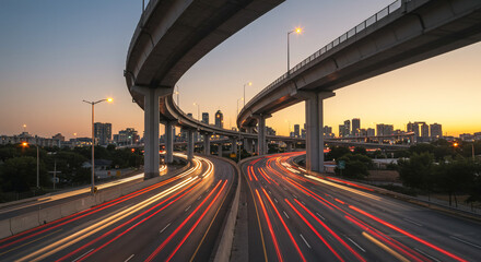 Fototapeta premium A long exposure shot of highway light trails with overpasses and a city skyline at dusk or dawn