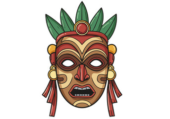A vibrant illustration of a Mask Dance Spirit, featuring a stylized tribal mask with green feathers and red accents. Bold design, perfect for cultural themes and decorative projects.