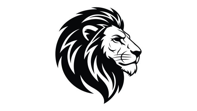 Lion Head Profile: A powerful black and white graphic of a lion's profile, exuding strength and majesty, ideal for logos, designs, and conveying a sense of royalty. 