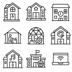 Fototapeta premium Outline After-School Icons. Outline style icons of After-School Buildings: evening tutoring center, extracurricular building,