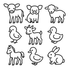Naklejka premium Baby Farm Animal Icons. Outline style icons of Baby Farm Animals: calf, piglet, lamb, chick, kid goat, duckling, foal, gosling,