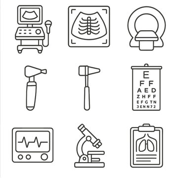 Diagnostic Equipment Icons. Outline style icons of Diagnostic Equipment: ultrasound machine, X-ray image board, CT scan icon, ECG