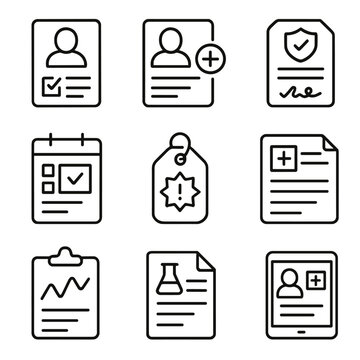 Medical Icons Set. Outline style icons of Patient Forms and Records: patient intake form, emergency contact sheet, consent form,