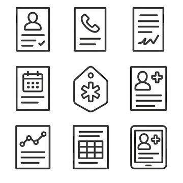 Medical Icons Set. Outline style icons of Patient Forms and Records: patient intake form, emergency contact sheet, consent form,