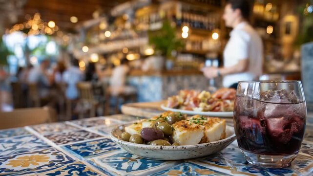 Experience a lively tapas bar with decorative tile flooring, wine-filled shelves, and a vibrant social atmosphere.