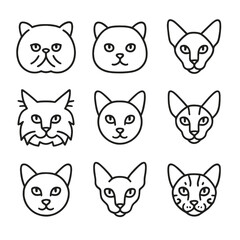 Fototapeta premium Minimalist Cat Head Icons. Outline style icons of Minimalist Cat Heads: outline-only Persian, flat British Shorthair, thin-line