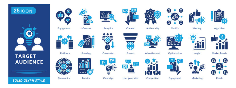 target audience icon set collection in solid glyph style. an icon pack contain market trends, community, metrics, campaign, user generated, competition, marketing, reach, platforms