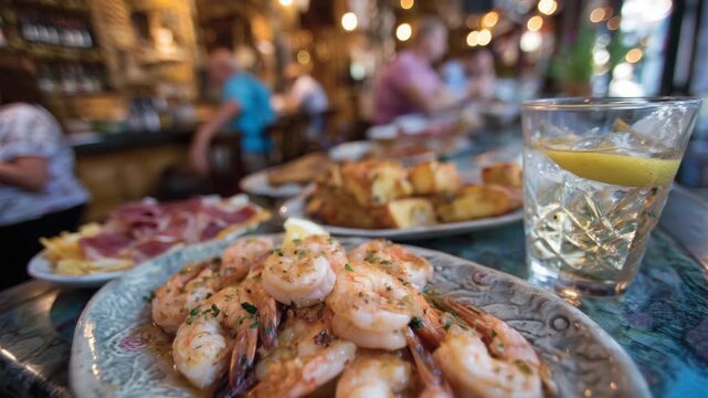 Experience the vibrant ambiance of a traditional tapas bar with golden-hour lighting and a table brimming with authentic Spanish flavors.