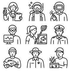 Marine Job Icons. Outline style icons of Marine Jobs and Roles: marine biologist, deep-sea diver, underwater welder, oceanographer