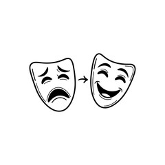 Two theatrical masks one sad and one happy with an arrow pointing from sad to happy on a white background