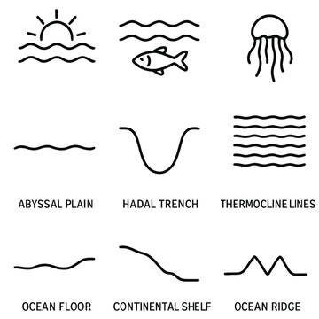 Ocean Zones Icons. Outline style icons of Ocean Layers: sunlight zone, twilight zone, midnight zone, abyssal plain, hadal trench,