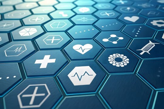 Digital healthcare icons arranged in a hexagonal grid pattern medical technology - Powered by Adobe