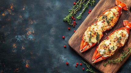 Fototapeta premium Delicious Lobster Tails Topped with Cheese and Herbs on Wooden Board