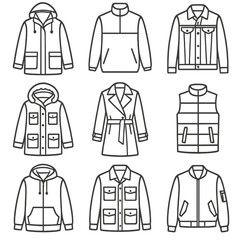 Casual Outwear Icons. Outline style icons of Casual Outwear: rain jacket, windbreaker, denim jacket, parka, lightweight trench,
